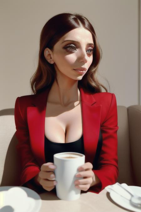 lora_sarafyan_girl,  <lora:lora_sarafyan_girl_01:1>, a woman in a red dress is holding a coffee cup, candid picture, sleepy fashion model face, smirking deviously, sie boob,