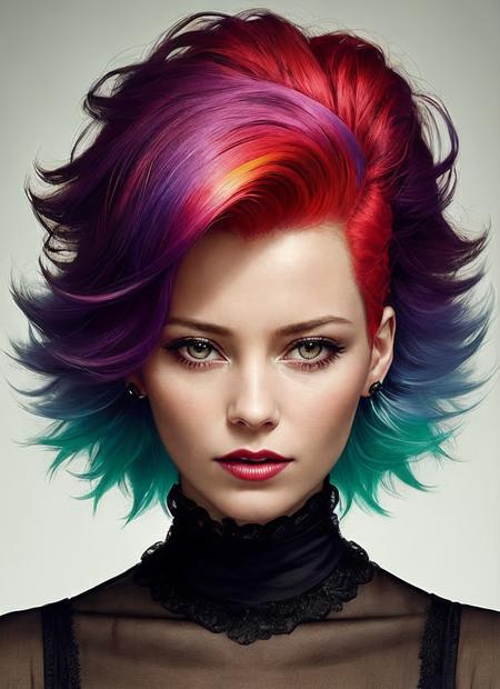 portrait of sks woman by Flora Borsi, style by Flora Borsi, bold, bright colours, rainbow Mohawk haircut, ((Flora Borsi)), <lora:locon_elizabethbanks_v1_from_v1_64_32:1>