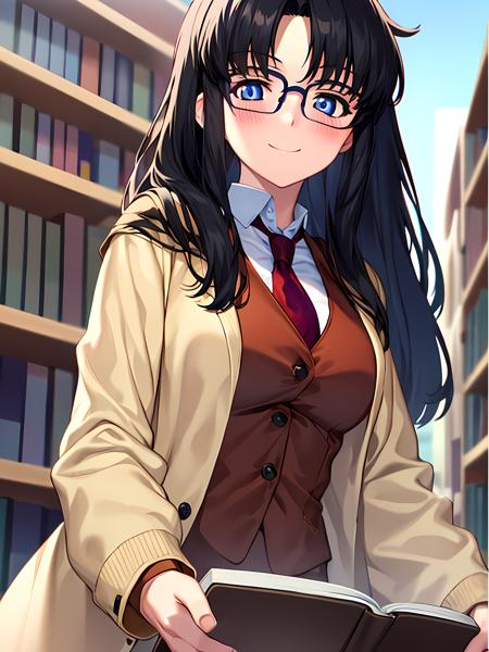 (exceptional, best aesthetic, new, newest, best quality, masterpiece, extremely detailed), 1girl, solo, yomikoreadman, brown_vest, red_necktie, white_shirt, waistcoat, glasses, (book:1.2), library, blush, smile