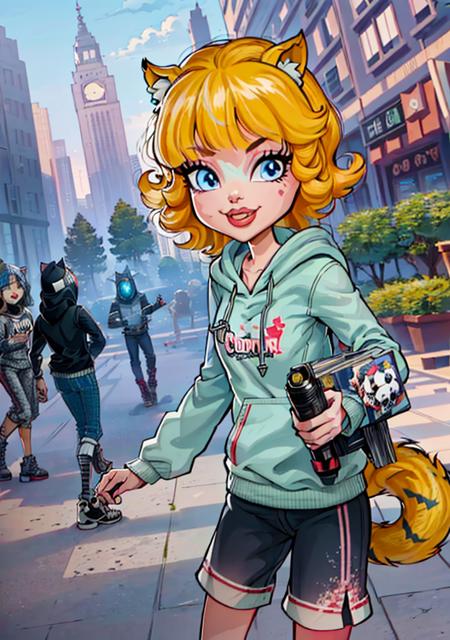 1girl, cute, (monster girl), (wolf girl, wolf tail), (blonde, short hair, hoodie, shorts:1.2), looking at viewer, (blue eyes:1.2),
(detailed ladscape, city, street:1.2), (background), (dynamic_angle:1.2), (dynamic_pose:1.2), (rule of third_composition:1.3), (dynamic_perspective:1.2), (dynamic_Line_of_action:1.2), solo, wide shot, 
(masterpiece:1.2), (best quality, highest quality), (ultra detailed), (8k, 4k, intricate),(full-body-shot:1), (Cowboy-shot:1.2), (50mm), (highly detailed:1.2),(detailed face:1.2), detailed_eyes,(gradients),(ambient light:1.3),(cinematic composition:1.3),(HDR:1),Accent Lighting,extremely detailed CG unity 8k wallpaper,original, highres,(perfect_anatomy:1.2),
 <lora:ComissionMonsterHigh_Style-20:0.9>