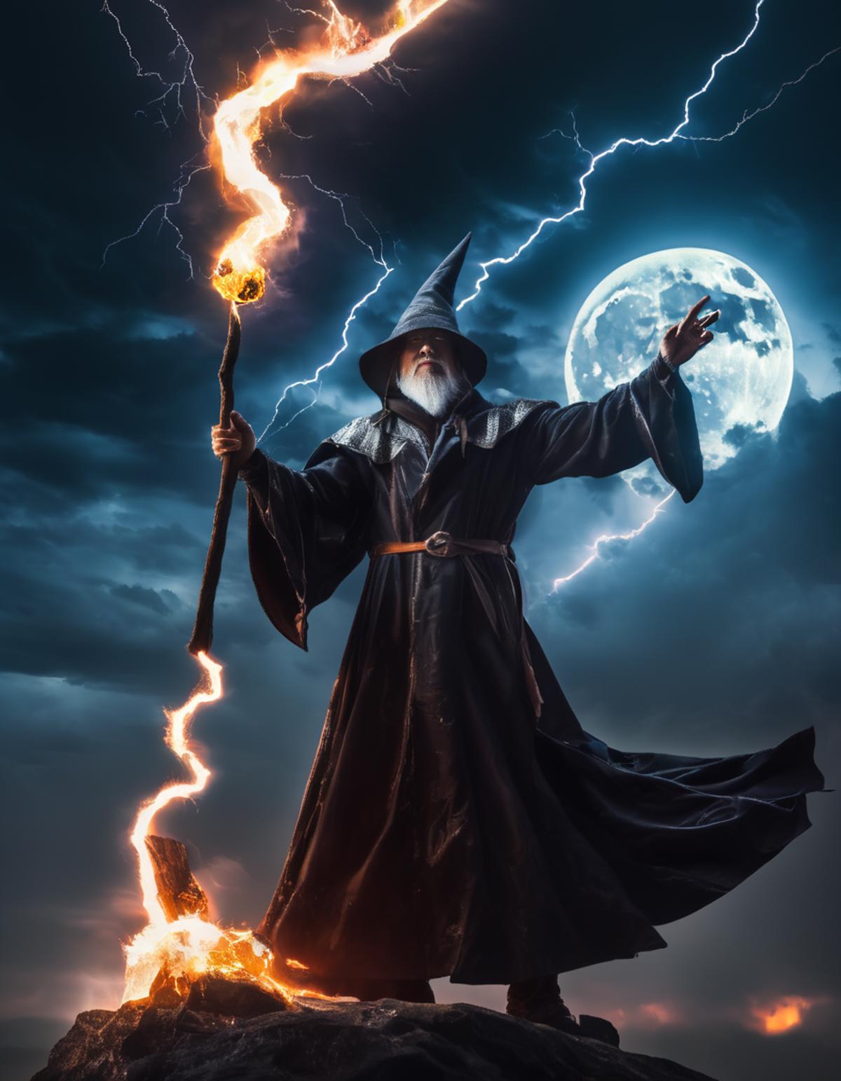 A man in a wizard's outfit holding a wand and a lightning bolt.