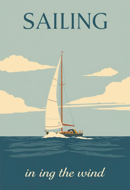 graphical art, sailboat, poster design, text "Sailing in the wind", vintage retro style, scandinavian