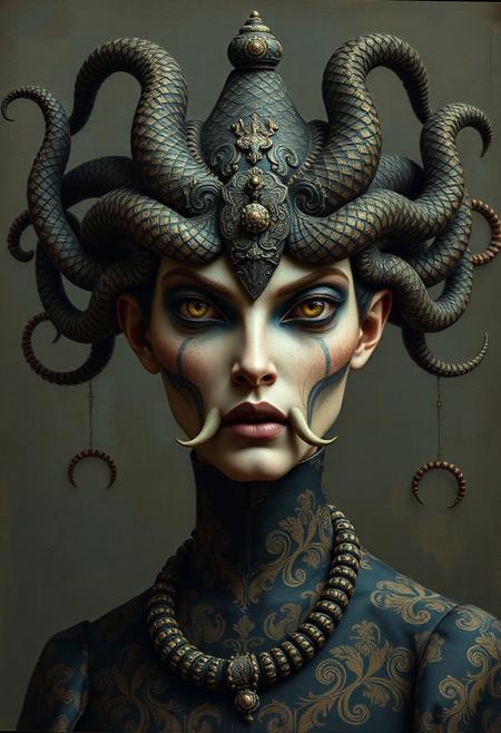Medusa, oriental damask ornaments, in the style of restrained palette, distressed materials, realistic color schemes, hieratic visionary, figura serpentinata, nicola samori, bold yet graceful , alexander McQueen fashion costume style, oil painting style