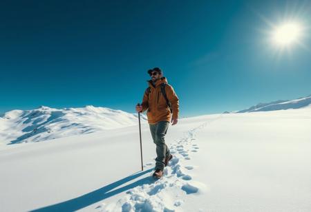 A solitary man chad in weathered brown jacket, green pants, black hat, sunglasses, holding a walking stick, treks right across a vast, pristine snowy mountain under deep blue sky. Harsh sun glare on snow, detailed footprints trail behind. Cinematic lighting, octane render, beautiful matte painting, contemporary aesthetics, high-resolution, lifelike details, impeccable composition, trending on ArtstationHQ.