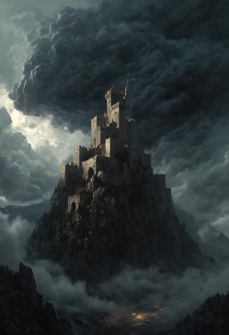 A beautiful rendition of a dark and foreboding fortress in the mountains, (dark cumulus clouds:1.4), dramatic composition, cinematic, concept art, golden ratio, matte painting, Luis Royo, Gerald Brom, Boris Vallejo, artstation, 8k, high resolution, (masterpiece:1.2), best quality