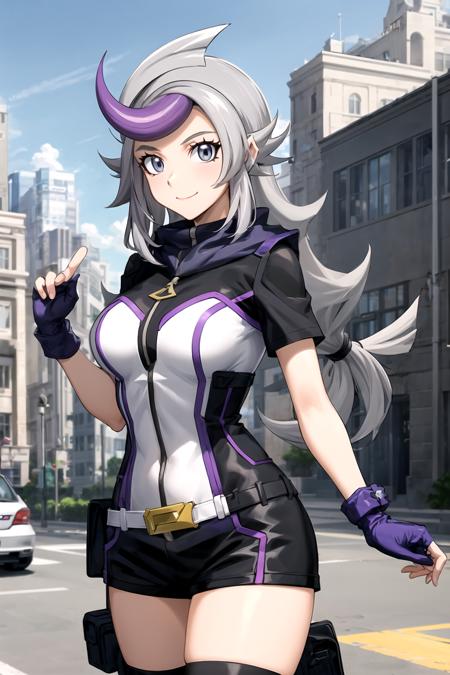 masterpiece,  best quality,  best aesthetic,  anime,  ultra detailed,  (cyberspace:1.2),  (city:1.2),  day,  (blue background:1.2),  1girl,  (ghost_girl:1.2),  (purple hair:1.2),  grey eyes,  low-tied long hair,  (large breasts:1.2),  (wide hips:1.2),  (purple, white bodysuit:1.2),  (short sleeves:1.2),  (black shorts,  short shorts:1.2),  (purple thighhighs:1.2),  (purple gloves,  fingerless gloves:1.2),  (standing,  cowboy_shot:1.2),  (smile,  closed mouth:1.2), <lora:EMS-81977-EMS:0.800000>, , <lora:EMS-179-EMS:0.300000>