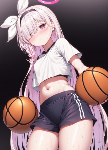 <lyco:fangxiang_cuoluan-nai-a:0.8><lyco:plana-nai:0.8>
1girl, basketball, shorts, navel, solo, short_hair, shirt, blush, white_shirt, sweat, multicolored_hair, brown_hair, indoors, bangs, holding, pink_hair, clothes_lift, black_shorts, ball, short_sleeves, parted_lips, pink_eyes, nail_polish, lifted_by_self, shirt_lift, purple_eyes, holding_ball, blurry_background, midriff, looking_at_viewer, short_shorts, (masterpiece,best_quality, high_quality, highres), white_hair, pink_hair, blue_archive, halo, hairband, hair_over_one_eye, hair_ribbon, very_long_hair, side_braid, eyes_visible_through_hair