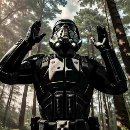 man in deathtrooper suit is looking up at the sky with (((both hands up)))<lora:DtrooperV01:0.7>,(both hands up), (looking up  at the sky), in the forest,RAW photo, 8k uhd, dslr, soft lighting, high quality, film grain, Fujifilm XT3