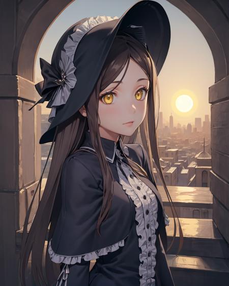 best quality, (masterpiece:1.2), illustration, absurdres,
(1girl, solo), (beautiful detailed girl),
<lora:Beryl-07:0.7>, Beryl, yellow_eyes,small breasts, long hair, black hair,
 frills, long black dress, long gothic dress, black boots, hat, headwear, 
 creepy, scary, weird, yandere,
inside middle eastern town, middle east, bazaar, cobblestone street,  sky, sun, day,,
legs apart,
(upper body, portrait),,
looking at viewer