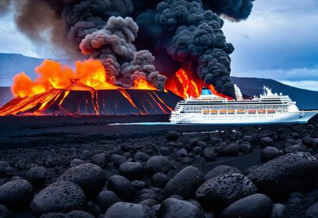 A Landscape Of Fire And Brimstone, Cooling Lava, And A Cruise Ship Half Buried withIn The Lava
