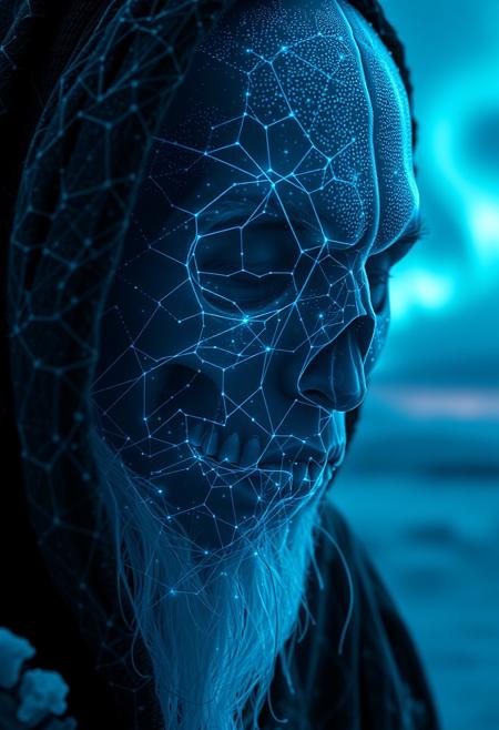 A symmetric portrait of a male, evil frozen Skelator, features dissolving into frozen magic thin, luminescent blue lines. Weighted Voronoi stippling and laser caustics create a network, transitioning from hyperrealistic detail to abstract, quantum-inspired forms. Ethereal hues blend, evoking existential transition and mystery. Close-up on face, evil skull partially visible. Set against a twilight arctic backdrop, icy winds ripple through his tattered robes. Rendered in a fusion of photorealism and digital surrealism, the scene is illuminated by ghostly Northern Lights. Emphasis on cold, menacing atmosphere, invoking Nordic myths