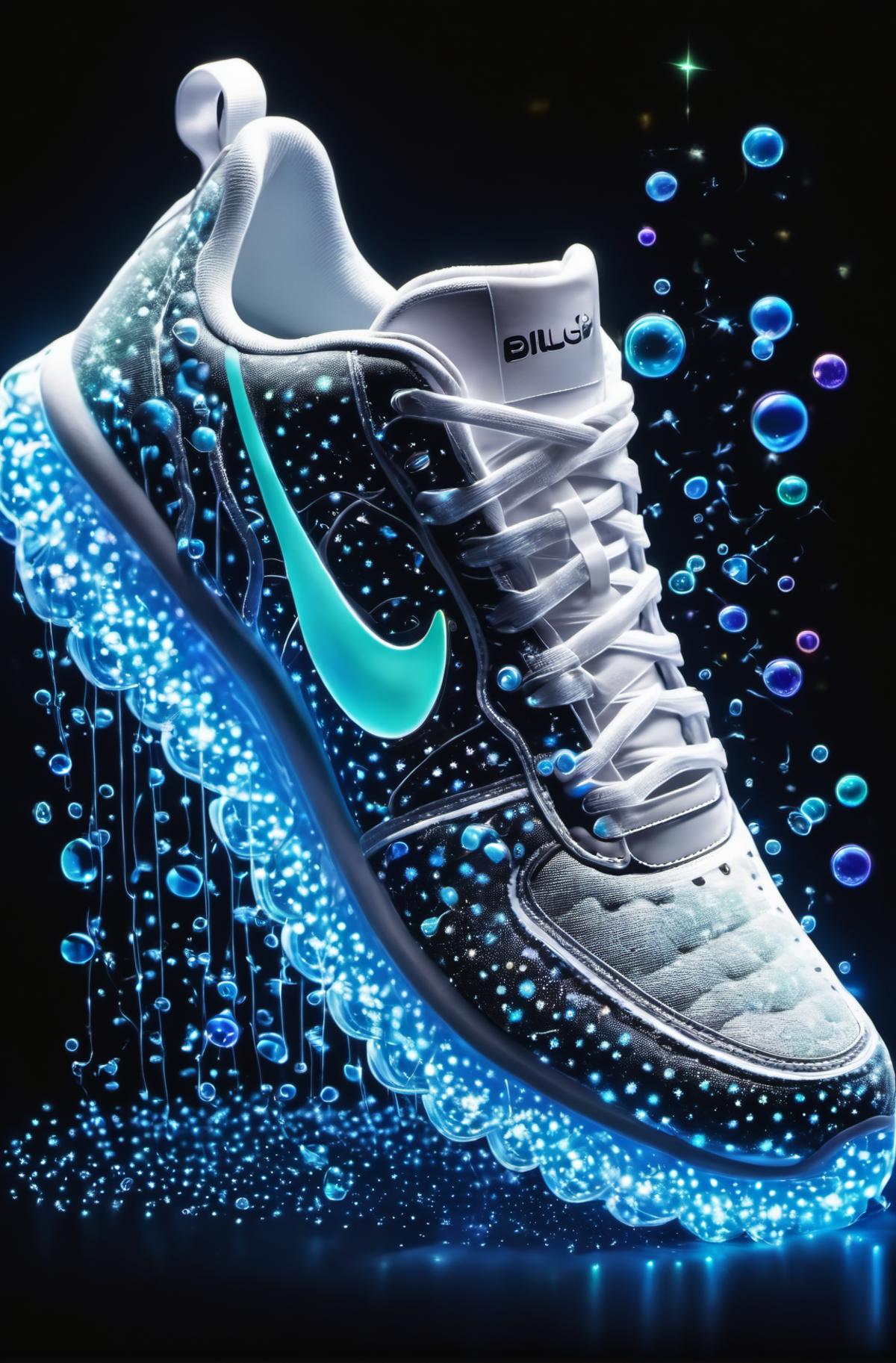 A Nike shoe with a blue lace and a blue and white bubble background.
