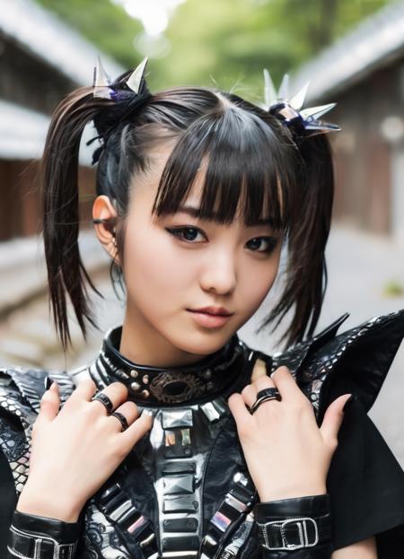 realistic, photorealistic, detailed, beautiful, RAW photo, film grain, (natural lighting :1.2), japanese, woman, raw photo, photo background, twintails, m0akiku, punk style, black outfit, 20 years old, detailed black eyes,  bokeh, baby metal, <lora:m0akiku -000008:1>