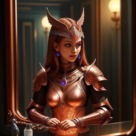 MetalNGems, 1girl, copper armor, intricate designs, adorned with ruby gemstones, glowing, shiny, reflection, candid setting