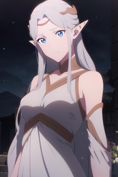 fymryn, <lora:fymryn-lora-nochekaiser:1>,
fymryn, goddess mene, pointy ears, elf, white hair, 
BREAK choker, circlet, white dress, dress,
BREAK looking at viewer,
BREAK outdoors,
BREAK <lora:GoodHands-vanilla:1>, (masterpiece:1.2), best quality, high resolution, unity 8k wallpaper, (illustration:0.8), (beautiful detailed eyes:1.6), extremely detailed face, perfect lighting, extremely detailed CG, (perfect hands, perfect anatomy),