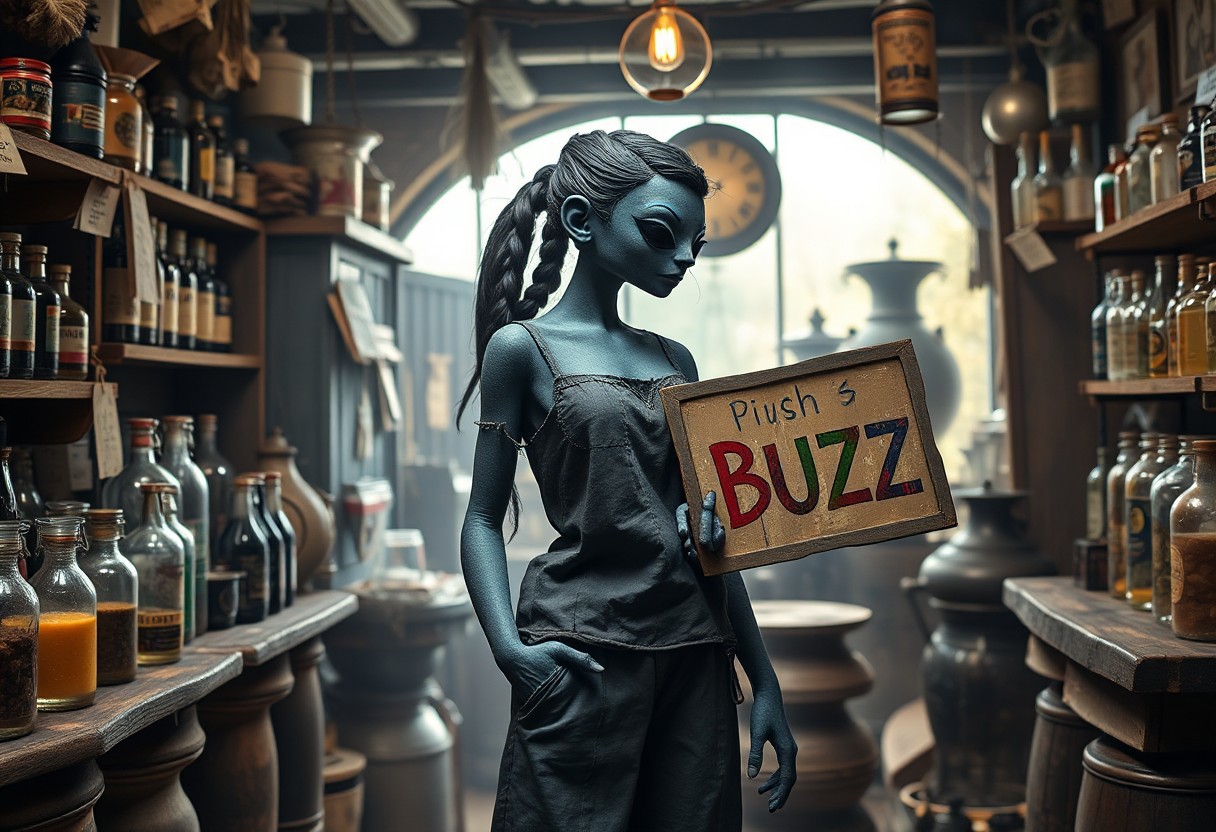 Surreal masterpiece, A stich Woman made out of dark cotton cloth in a magical alchemists shop.
She has black hair in braids and pulled into a ponytail, and dark cotton skin. She has clearly defined muscles and dresses in comfortable, sleeveless shirts and long, loose pants. She has stitch-marks around each shoulder and her neck, and stitches going all down her right arm.
She holds a sign with colourful lettering. (((I ran out of Buzz, while creating for the Wandering Inn.)))