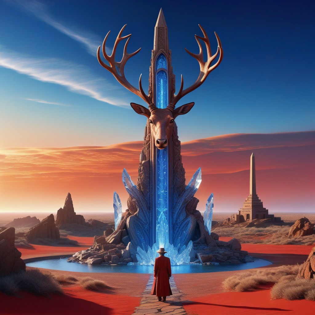 Rating:safe, (best quality:1.4), masterpiece, extremely detailed, CG 8K wallpaper, sharp focus. A surreal Moebius-inspired illustration, a close-up of an anthropomorphic mechanical stag sage with antlers made of crystal, standing in a ruined temple, holding an energy-infused staff, whispering to an ancient AI embedded in a (crystalline obelisk :1.5), a massive red sun melting into the horizon, sky filled with metallic floating islands, desert sand shifting into liquid metal, soft pastel and metallic blue color palette, mystical atmosphere, intricate linework, dreamlike composition