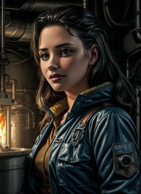 woman, portrait, Steampunk Spaceship Mechanic, spaceship engine room interior, real life, masterpiece, extremely detailed, coveralls