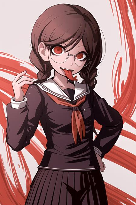 masterpiece, best quality, highres,<lora:GenocideJackDG:0.9>  , 1girl, solo, skirt, school uniform, neckerchief, pleated skirt, long sleeves, sailor collar, looking at viewer, black skirt, red neckerchief, glasses, tongue out,  <lora:HakikaStyle:0.7>