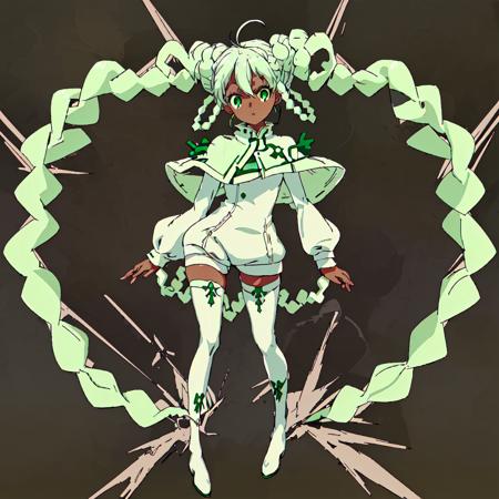 Gundam_Reconguista_in_G, short hair,1girl, solo,blue eyes, long sleeves,boots, green hair, white thighhighs, dark-skinned female, zettai ryouiki, double bun, buttons, thigh boots, short dress, white footwear, hair rings, white capelet, short jumpsuit