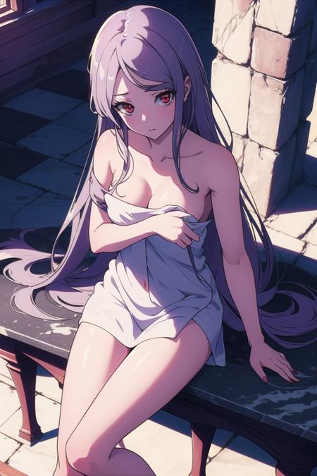 anime, hdr, soft light, ((best quality)), ((masterpiece)), (detailed), <lora:Shalltear_7_20:0.9> shalltear, gray hair, very long hair, medium breasts, red eyes, (naked towel:1.1), sitting, stone floor