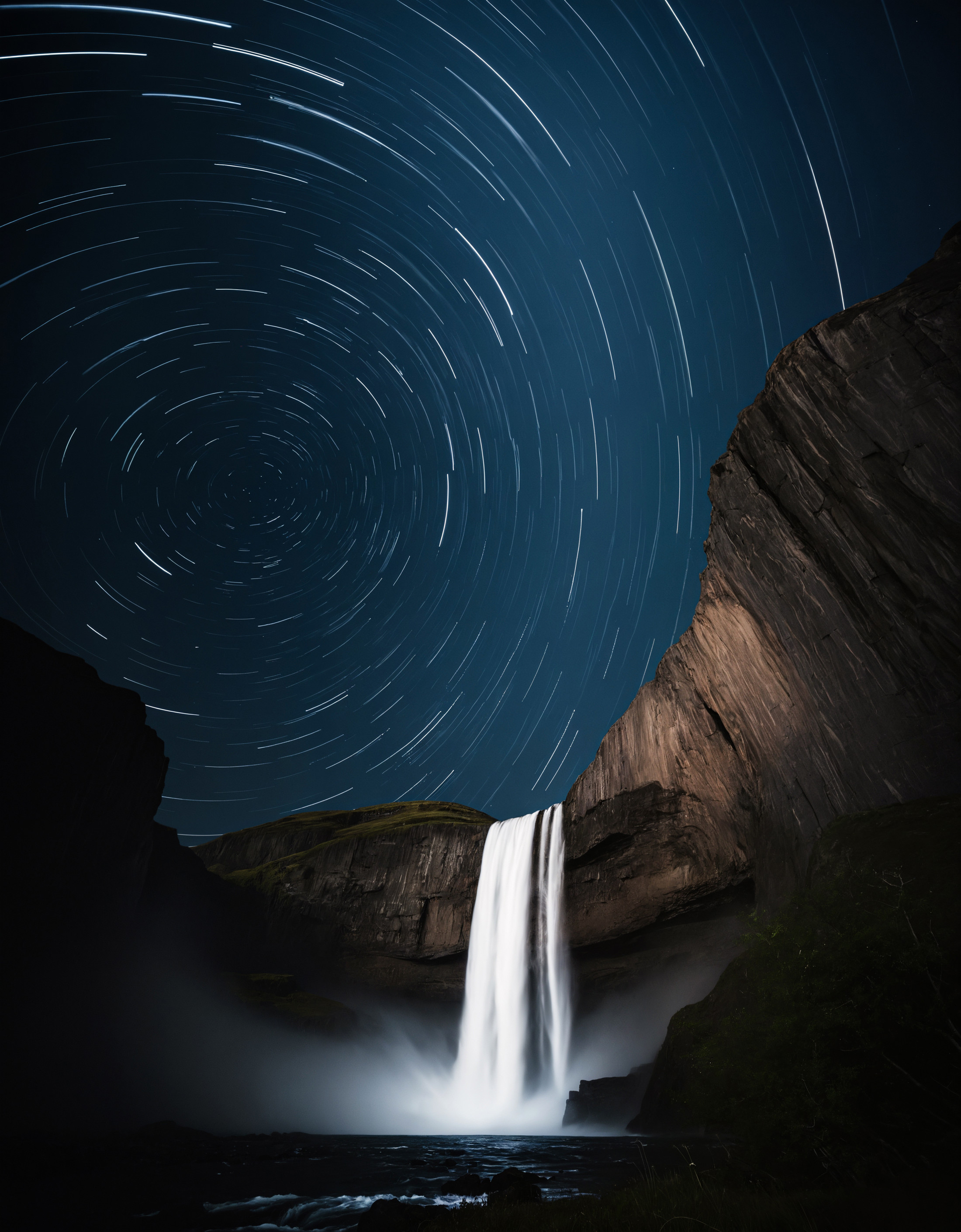 award winning photo of the night sky over a majestic norse waterfall, (star trails), zavy-lghttrl, atmospheric haze, dynam...