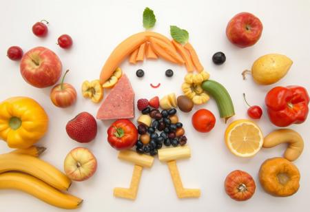 Various types of fruits are placed on a table, where the overall pattern is forming a cute girl’s face and body in an abstract style.