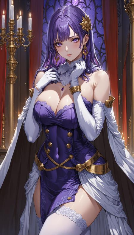 <lora:yukihiro_kajimoto_so2r_xl:1> 1girl, celine_jules, 1girl, bare_shoulders, cape, dress, earrings, elbow_gloves, gloves, high_heels, jewelry, large_breasts, long_hair, purple_hair, thighhighs, white_gloves, zettai_ryouiki, intricate detail, cinematic lighting, amazing quality, amazing shading, detailed Illustration, official artwork, wallpaper, official art, extremely detailed eyes and face, beautiful detailed eyes, very aesthetic, ((masterpiece, best quality))