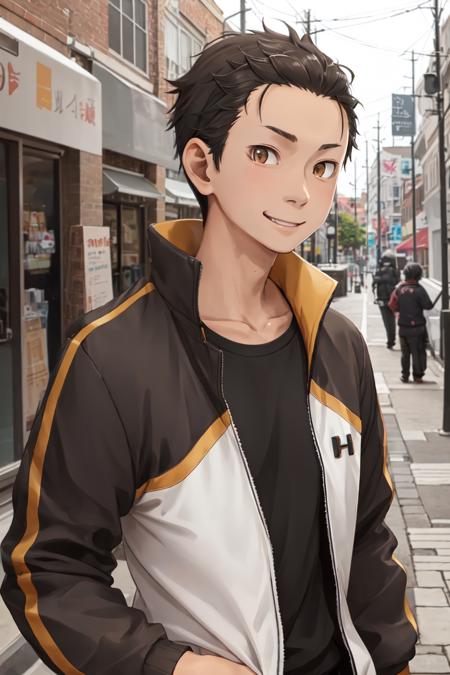 highres, sharp focus, pixiv masterpiece, ((intricate details)), highly detailed, natsuki_subaru, upper body, standing, 1boy, brown eyes, jacket, black hair, smile, track jacket, hair slicked back, <lora:Natsuki_Subaru_v1_1:0.8>,