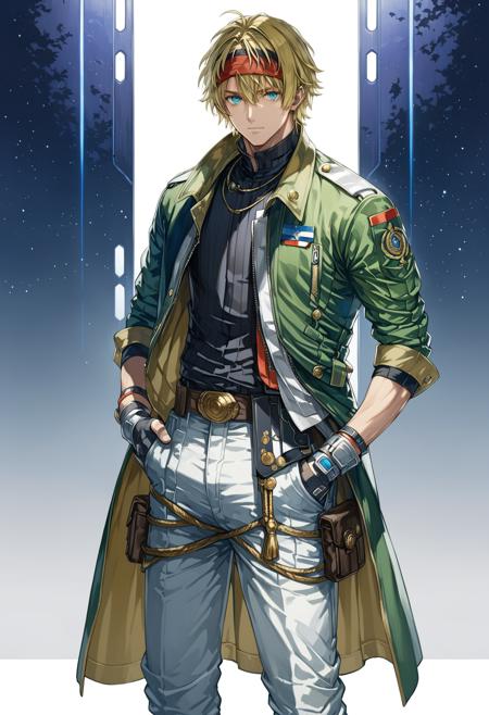 <lora:yukihiro_kajimoto_so2r_xl:1> star ocean, claude_kenny, 1boy, black_shirt, blonde_hair, blue_eyes, denim, fingerless_gloves, full_body, gloves, hand_on_hip, headband, military uniform, green jacket, male_focus, open_clothes, open_jacket, pants, shirt, intricate detail, cinematic lighting, amazing quality, amazing shading, detailed Illustration, official artwork, wallpaper, official art, simple background, extremely detailed eyes and face, beautiful detailed eyes, ((masterpiece, best quality)), full body, white background