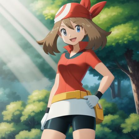 <lora:character_pokemon_may_v4:0.5> forest, light rays, 1girl, character_pokemon_may, solo, cowboy shot, standing, looking at viewer, smile, open mouth, hand on hip, hand on own thigh, bandana, shirt, skirt, bike shorts, gloves, fanny pack