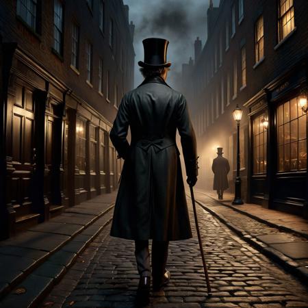 Ultra realistic full body color pencil drawn portrait of  
a man seen from behind, with a top hat, a cane and a a long coat, walking through a street of 1850 London, at night. Vibes of Charles Dickens.
BREAK
Deep dark intense brown foggy background,
Dark theme, dynamic lighting, (soft shadows), (soft focus),  (photo realistic), uhd, 8k