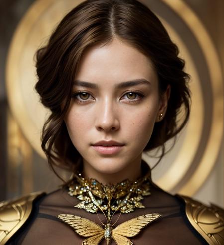 photo, 8k portrait of beautiful cyborg with brown hair, intricate, elegant, highly detailed, majestic, digital photography, art by artgerm and ruan jia and greg rutkowski surreal painting gold butterfly filigree, broken glass, (masterpiece, sidelighting, finely detailed beautiful eyes: 1.2), hdr, realistic, high definition