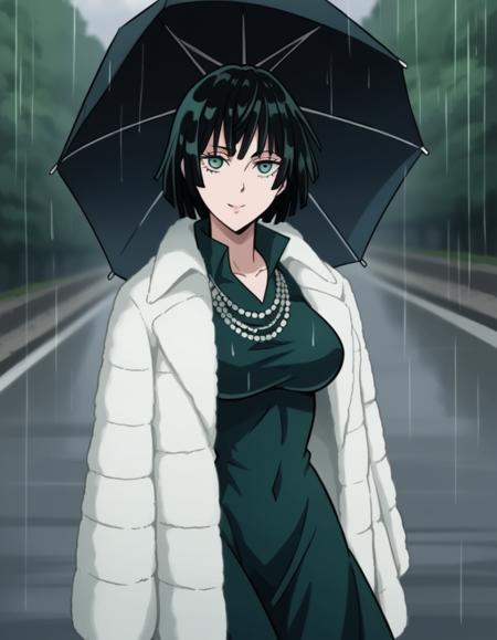 <lora:opm-fubuki-anime-s1s2-ponyxl-lora-nochekaiser:1>, fubuki, fubuki \(one-punch man\), black hair, green eyes, short hair, large breasts, black dress, dress, fur coat, high collar, jewelry, necklace, off shoulder, taut clothes, taut dress,