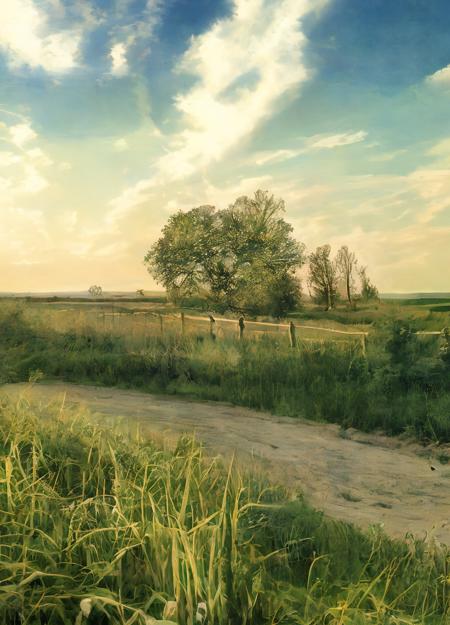 field, path, bush,fence, grass, sky, cloud, tree, <lora:SHISHKIN(LANDSCAPE)_V1-000001:1>, oil painting, scenery, pale color, low saturation