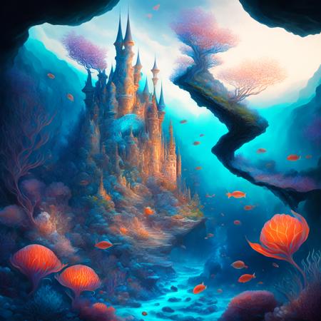 (oceanicrealms style:1) a painting of a castle surrounded by sea life <lora:djzOceanicRealmsV21_LoraBooth:1>