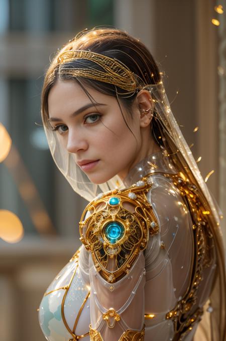 Portrait of transparent camo worn mech suit, golden ratio, biomechanical, gold filigree embossed, intricate, ((translucent)), elegant, sharp focus, photo by greg rutkowski, soft lighting, vibrant colors, ((light bokeh)), masterpiece, (absurdres), detailed face,  <lora:picxer_real:0.8> ((looking directly at the viewer :1.1)), (highly detailed eyes),  <lora:hd_helper_v1:1>