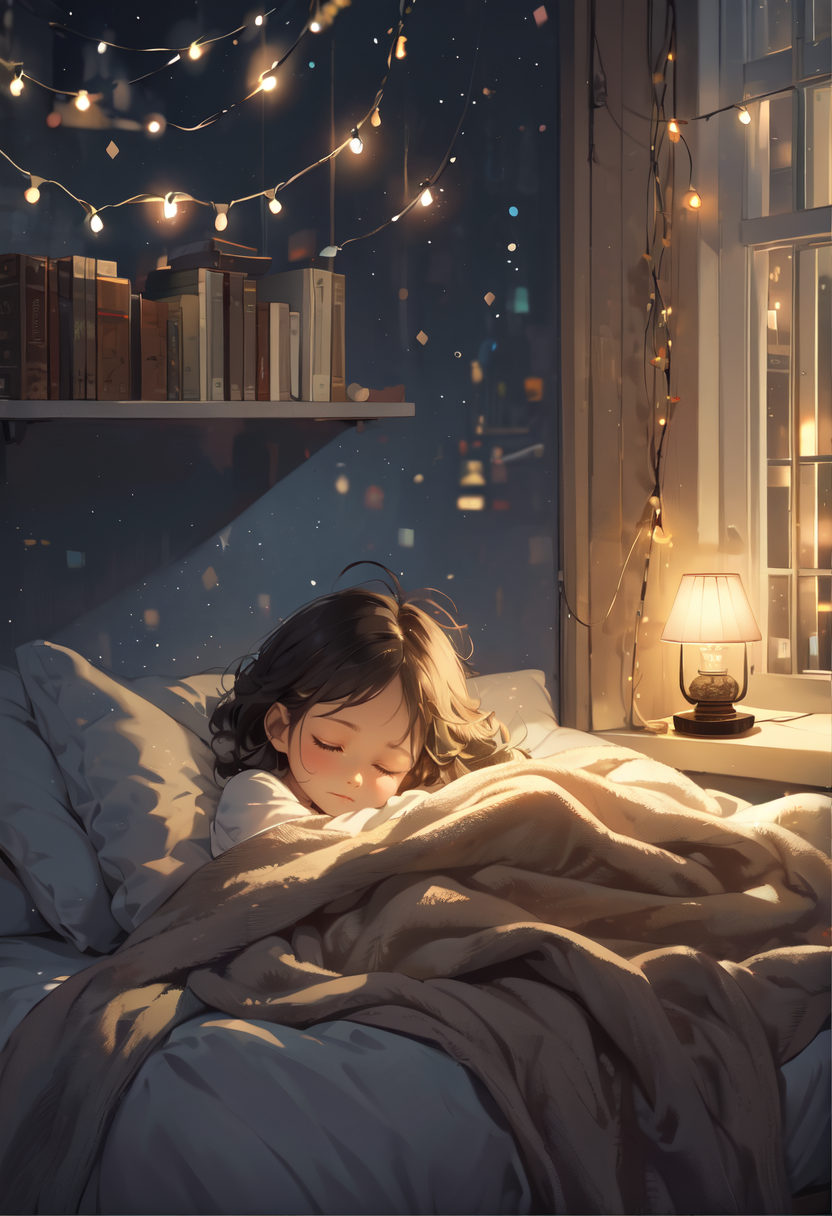 cute little girl sleeping comfortably on a bed, covered with a blanket, stuffed animal, string lights on the wall, window,...