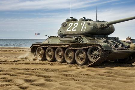 Tan t34 racing down the sand beach,  shooting, day time, High Detail, Sharp focus, ((photorealism)), realistic, best quality, 8k, side view, sun in the sky