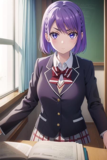 neneodagiri, <lora:nene odagiri s1-lora-nochekaiser:1>,
nene odagiri, short hair, (purple eyes:1.1), purple hair, braid,
BREAK skirt, bow, school uniform, jacket, pleated skirt, plaid, plaid skirt, blazer,
BREAK indoors, classroom,
BREAK looking at viewer,
BREAK <lyco:GoodHands-beta2:1>, (masterpiece:1.2), best quality, high resolution, unity 8k wallpaper, (illustration:0.8), (beautiful detailed eyes:1.6), extremely detailed face, perfect lighting, extremely detailed CG, (perfect hands, perfect anatomy),