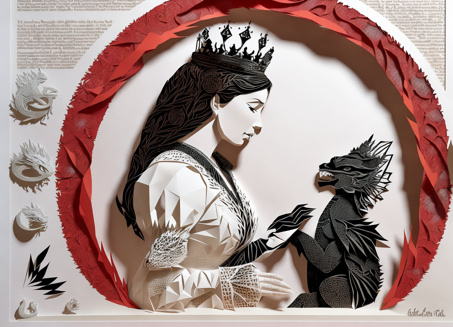 papercut art of a queen petting a dragon