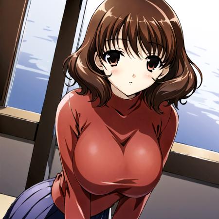 OomuraYumi, solo, 1girl, red sweater, pleated skirt, blue skirt, short hair, brown hair and eyes, arms behind back, large breasts, holding breasts, arm support <lora:OomuraYumiV1-8NR:1>