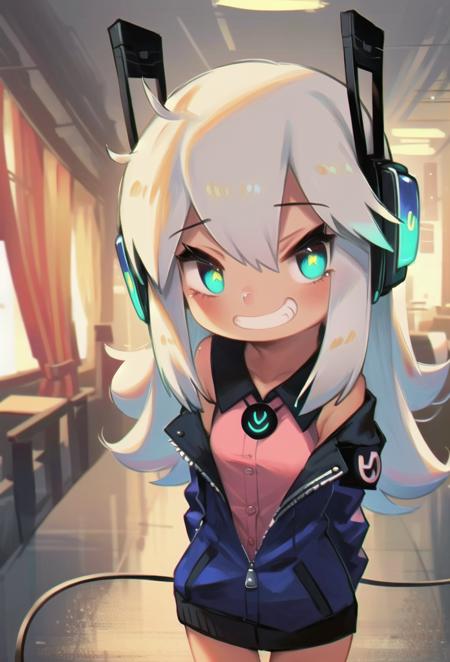 por,1girl,looking at viewer,bangs,grin,+ +,jacket on shoulders,pink shirt,green_nails,headphones,arms behind back,power_symbol,electric_plug,