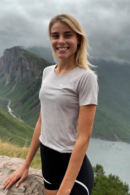 1girl, solo, scenic view, standing on cliff, mountain, rock, tree, plain short-sleeve t-shirt, biker shorts, smiling, ((heavy rain, cloudy)), (depth of field), detailed face, (photorealistic, absurdres, best quality, masterpiece:1.4), (high detailed skin:1.3)
 <lora:yl97_ua_lora_v01:1> yl97, blonde hair