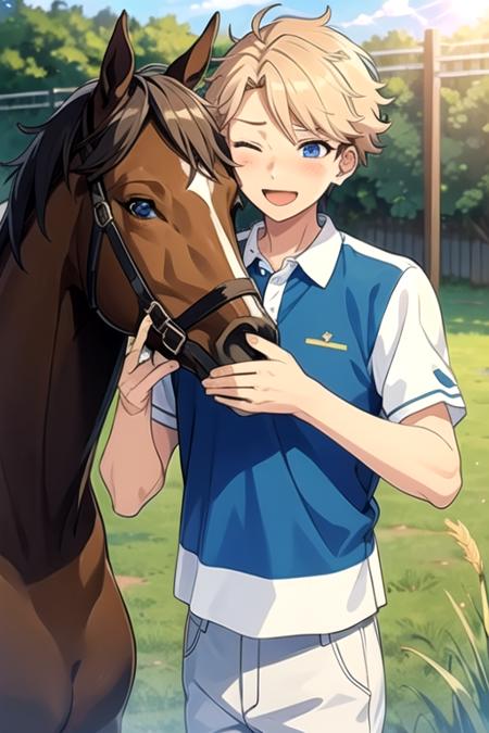 <lora:ArashiNarukami-03:0.7> ,arashi, solo, blush, smile, open mouth, blue eyes, blonde hair, shirt, 1boy, short sleeves, male focus, outdoors, one eye closed, collared shirt, ;d, grass, lens flare, fence, horse, polo shirt