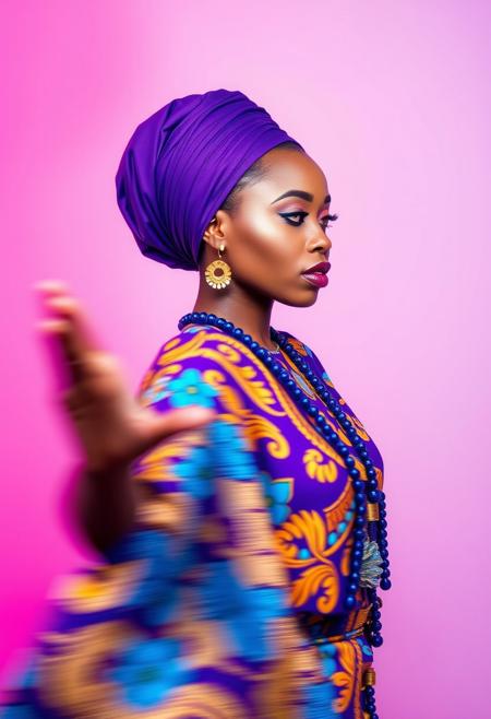 This image features a striking portrait of a woman in motion, with vivid motion blur effects creating a dynamic, artistic feel. She is dressed in a vibrant, patterned outfit inspired by traditional African design, adorned with intricate details in gold and blue. Her purple head wrap contrasts beautifully with the pink and purple gradient background. The motion blur suggests graceful movement, enhancing the sense of elegance and fluidity in her pose.