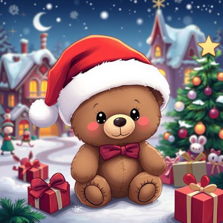 pinkchibihalloween,A small teddy bear a santa hat, in a magical winter town. The background features Santa claus town, with mini elfs and magical creatures around. A Christmas tree and gifts are present in the background. Magical and cozy atmosphere.