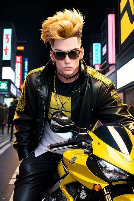 1boy, anime style, 80s style, standing by yellow kawasaki motorcycle in shibuya, night, skinny vanilla_ice, sunglasses, pompadour, earrings, best quality,  <lora:vanilla_ice:1>