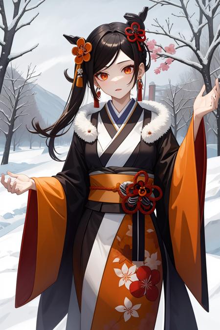 qianzhi,1girl,flower,hair ornament,solo,black hair,japanese clothes,hair flower,kimono,orange eyes,wide sleeves,red eyes,earrings,red flower,looking at viewer,long sleeves,jewelry,snowing,snow,bangs,<lora:åç»-000019:0.8:lbw=role>,, 1girl,
,  (masterpiece,best quality:1.2),absurdres