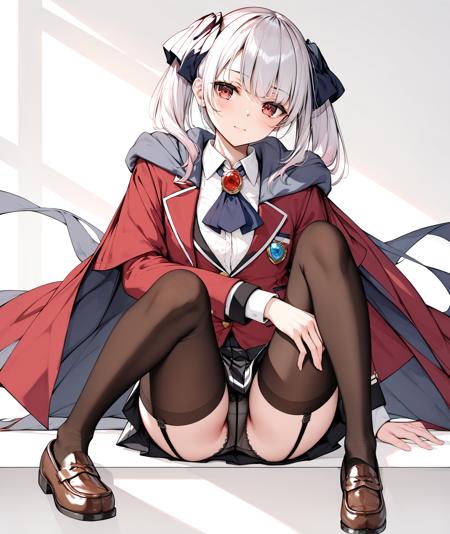 Cierra, pantyhose, skirt, black_thighhighs, pleated skirt, red eyes, brown footwear, jacket, twintails, bangs, black skirt, long sleeves, red jacket, shoes, loafers, :d, shirt, ribbon, white shirt, hair ribbon, cape, brooch, jewelry, long hair, collared shirt, school uniform, ascot, cloak, miniskirt, blazer,